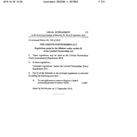 Document preview: Mauritius Limited Partnerships Fees Amendment Regulations 2018 — Government & admin (Govt-Gazette-29-Sept-18-Limited-Partnerships-FeesAmendment-Regulations-2018)