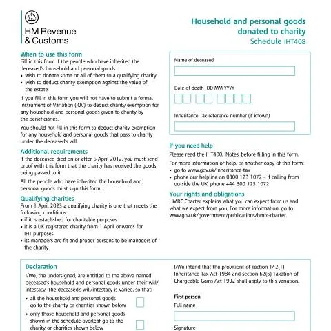 Document preview: Charitable Donations of Personal Property: IHT408 Tax Relief Guide — Taxes