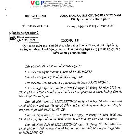Document preview: Quy định mới về phí sát hạch lái xe theo Thông tư 154/2025/TT-BTC — Thủ tục hành chính (CERFA n°154/2025/TT-BTC)