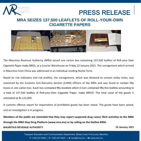 Document preview: MRA's Major Seizure of Roll-your-Own Cigarette Papers — Government & admin (PressReleaseCigarettes250121)
