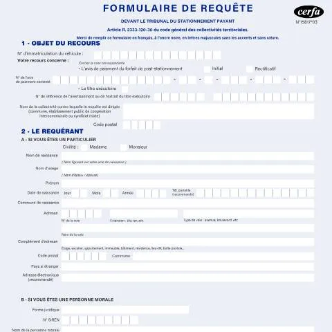 Aperçu du document Requête devant le Tribunal du stationnement payant (15817*03) — Juridique & justice (CERFA n°15817*03)