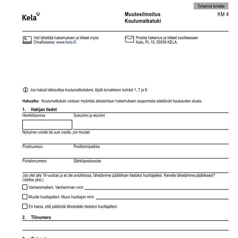Document preview: Kela KM 4 -muutosilmoitus opiskelijoille — Hallinnolliset asiat (CERFA n°Kela KM 4)