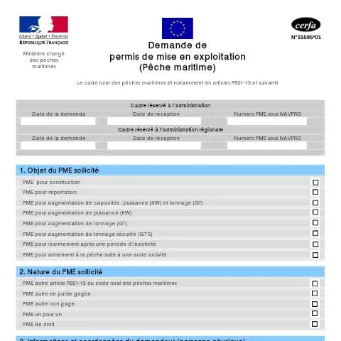 Aperçu du document Comment obtenir un permis de mise en exploitation pour la pêche — Démarches administratives (CERFA n°15595*01)