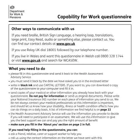 Document preview: Understanding Your WCA50 Work Capability Assessment Form — Work & employment