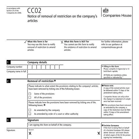Document preview: CC02 Form: Notifying Removal of Company Article Restrictions — Legal & justice