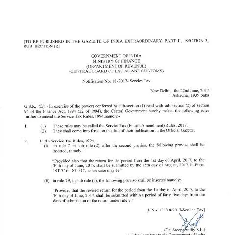 Document preview: Navigating Notification No. 18/2017-ST in GST Compliance — Taxes (CERFA n°Notification no.18-2017ST)