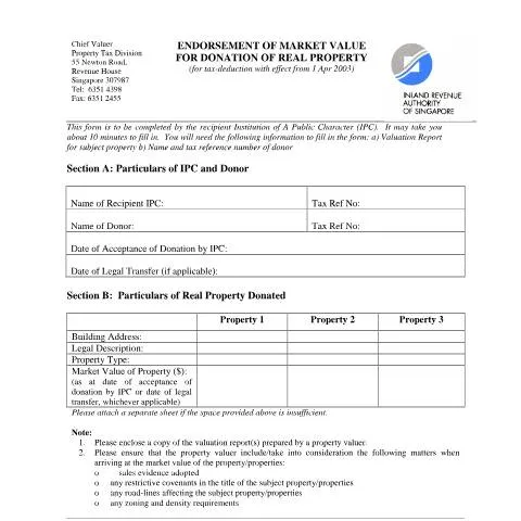 Document preview: IRAS Property-Form: Endorsement of Market Value for Donations of Real — Property & real estate (CERFA n°PROPERTY-FORM)