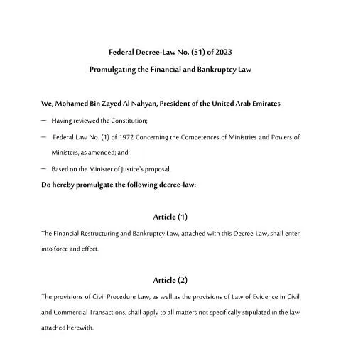 Document preview: Understanding the New Bankruptcy and Insolvency Framework in the UAE — Government & admin (CERFA n°Federal Decree-Law No. (51) of 2023)
