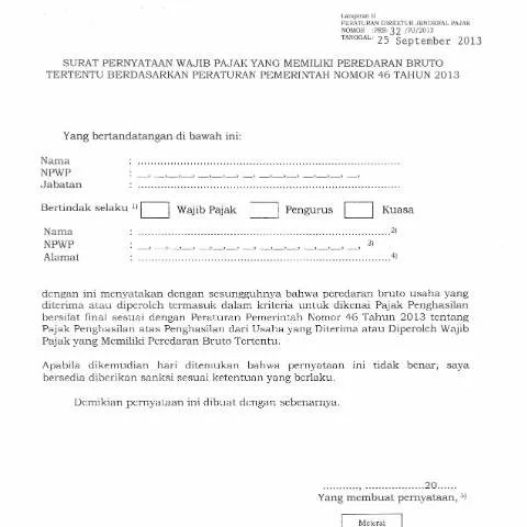 Document preview: Pentingnya Surat Pernyataan Wajib Pajak Peredaran Bruto Tertentu — Pajak & perpajakan (CERFA n°ID-DJP-SP-wp-Peredaran-Bruto-Terterntu-PP46-0)