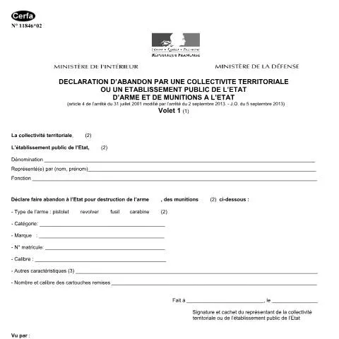 Aperçu du document Comment abandonner légalement des armes détenues par une collectivité — Démarches administratives (CERFA n°11846*02)