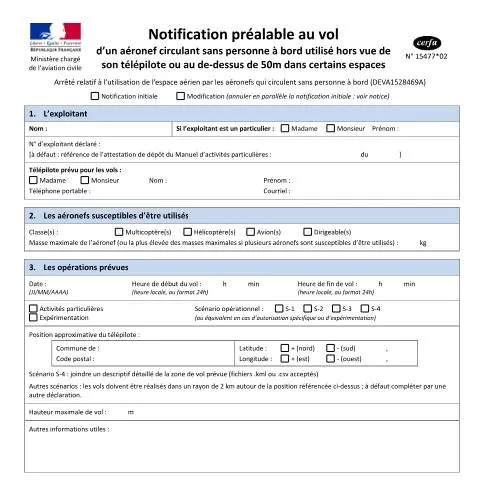 Aperçu du document Notification préalable obligatoire pour drones professionnels — Véhicule & permis (CERFA n°15477*02)