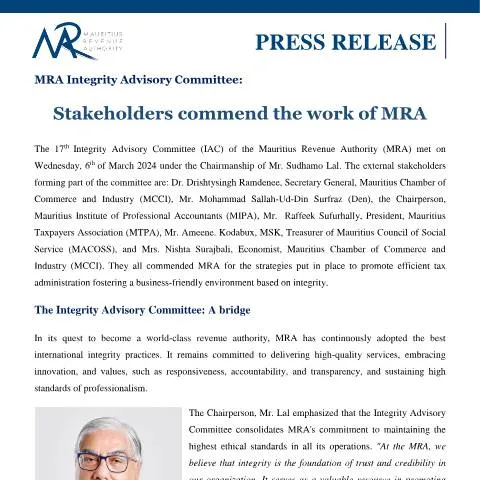 Document preview: Highlights from the MRA Integrity Advisory Committee Meeting — Government & admin (PressRelease140324)