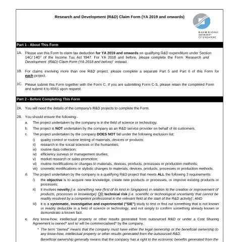 Document preview: Guide to the R&D Claim Form (YA 2019+) for Singapore Companies — Taxes (CERFA n°RND-CLAIM-FORM-(YA-2019-N-AFTER))