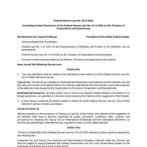 Document preview: Recent Changes to UAE Corporate Tax Laws in 2023 — Taxes (CERFA n°Federal Decree-Law No (60) of 2023)
