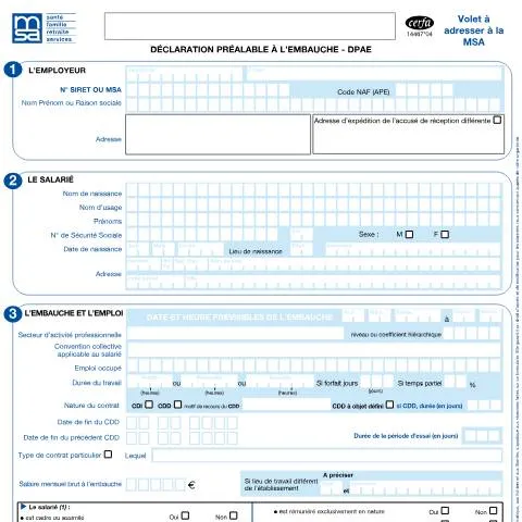 Aperçu du document Déclaration préalable embauche salarié agricole : guide complet — Emploi & travail (CERFA n°14467*04)