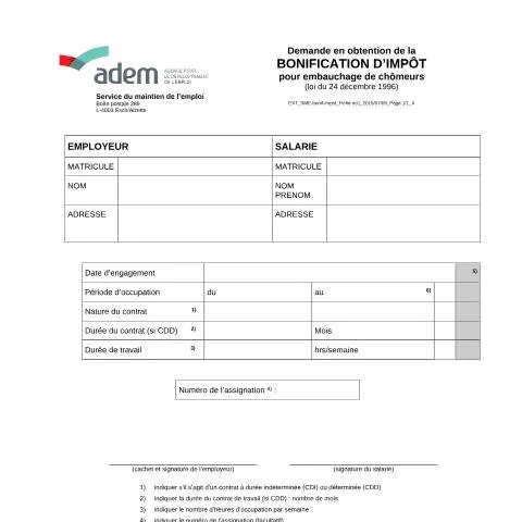 Aperçu du document Aides fiscales pour l'embauche de chômeurs au Luxembourg — Emploi & travail (CERFA n°bonification-impots-chomeurs)
