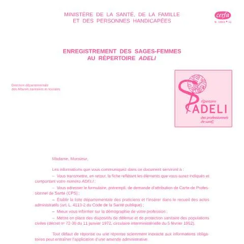 Aperçu du document Répertoire Adéli : inscription obligatoire des sages-femmes — Santé (CERFA n°10903*02)