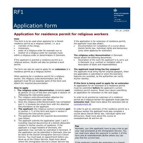 Document preview: Opholdstilladelse for religiøse arbejdere i Danmark — Immigration & visa (CERFA n°RF1)