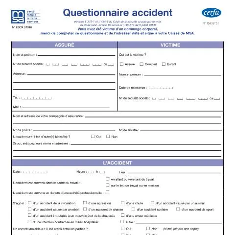 Aperçu du document Questionnaire accident de travail : guide de la procédure d'enquête — Démarches administratives (CERFA n°15436*01)