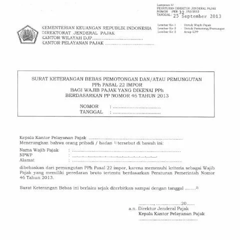 Document preview: Pentingnya Surat Keterangan Bebas PPh 22 Impor bagi Wajib Pajak — Pajak & perpajakan (CERFA n°ID-DJP-SK-Bebas-Pemotongan-Pemungutan-PPh-22-WP-PP46-0)