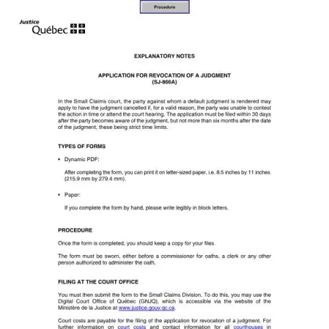 Document preview: Guide to Applying for Judgment Revocation in Quebec Small Claims Court — Legal & justice (SJ-866A)