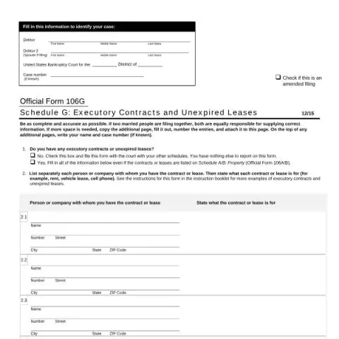 Document preview: Understanding Schedule G: Executory Contracts and Unexpired Leases — Legal & justice (Official Form 106G)