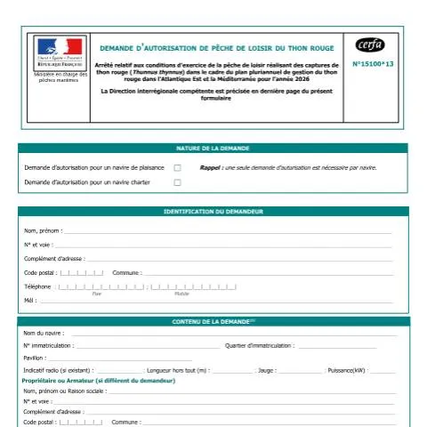 Aperçu du document Formulaire 15100*13 : demande d'autorisation pêche thon rouge — Démarches administratives (CERFA n°15100*13)