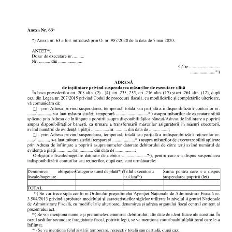 Document preview: Importanța Adresei de înștiințare pentru Suspendarea Executării — Impozite & fiscalitate (CERFA n°A63_OPANAF_63_2017)