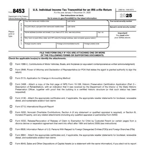 Document preview: The Essential Role of IRS Form 8453 in Tax Filing — Taxes (CERFA n°8453)