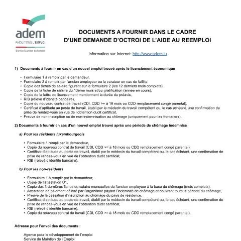 Aperçu du document Guide pour l'obtention de l'aide au réemploi au Luxembourg — Emploi & travail (CERFA n°reemploi-Demande)