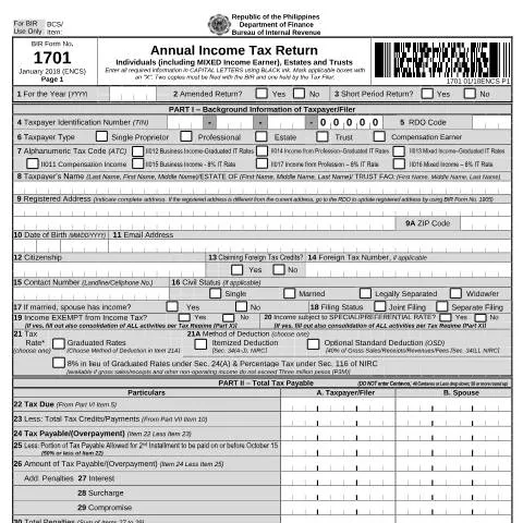 Document preview: Understanding BIR Form No. 1701 for Tax Compliance — Taxes (CERFA n°1701)