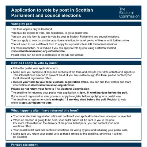 Document preview: How to Apply for Postal Voting in Scottish Elections — Government & admin (PO-S-D)