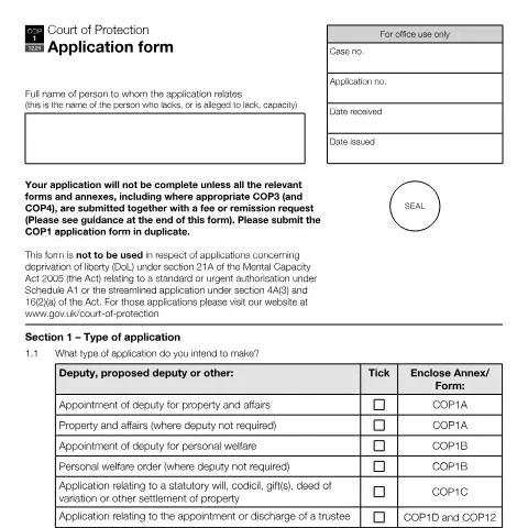 Document preview: Guide to Applying for Deputyship Using Form COP1 in the UK Court of — Legal & justice