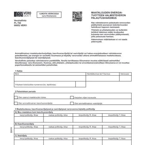 Document preview: Maatalouden energiatuotteen veropalautushakemus (3311) — Verot & verotus (CERFA n°Vero 3311)
