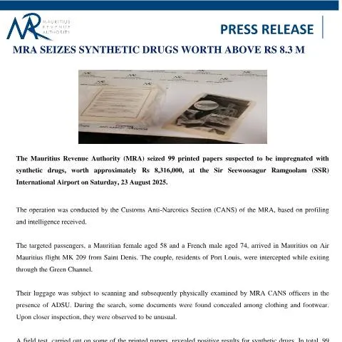 Document preview: Major Drug Seizure at Sir Seewoosagur Ramgoolam Airport — Government & admin (PressRelease250825)