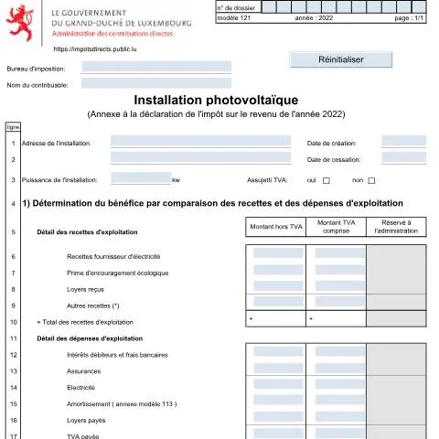 Aperçu du document Formulaire 121 : Guide pour l'installation photovoltaïque — Impôts & fiscalité (CERFA n°121)