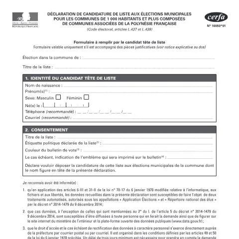 Aperçu du document Candidature aux municipales polynésiennes : démarches spécifiques — Démarches administratives (CERFA n°16050*01)