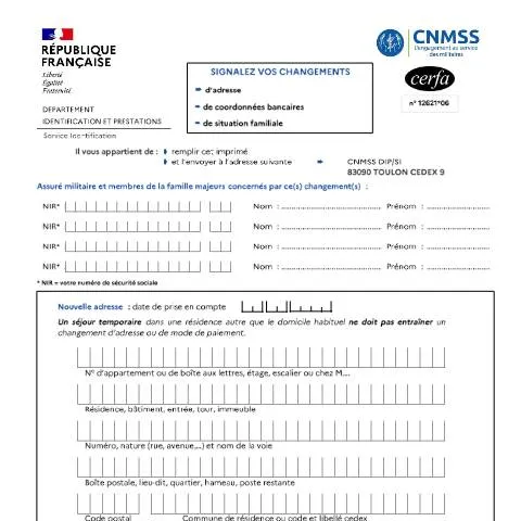 Aperçu du document Comment déclarer un changement de situation à la CNMSS — Démarches administratives (CERFA n°12621*06)