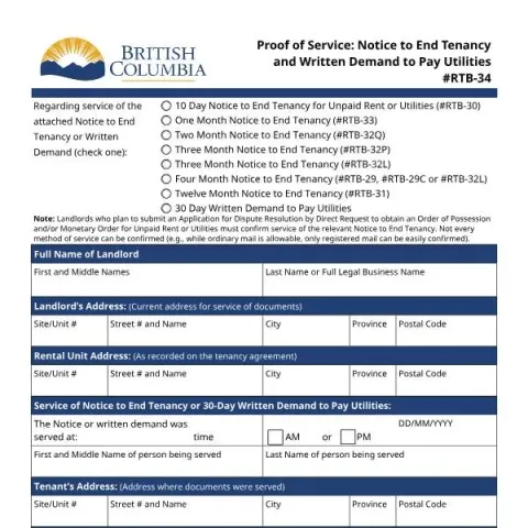 Document preview: Understanding the RTB-34 Proof of Service for Tenancy Notices — Housing (RTB-34)