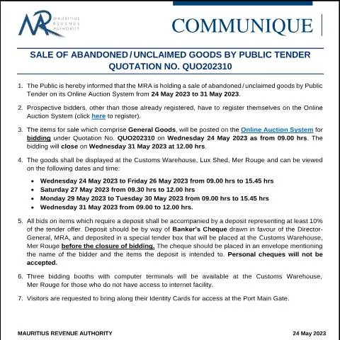 Document preview: Official Notice on Sale of Abandoned Goods in Mauritius — Government & admin (CommuniqueQUO202310)