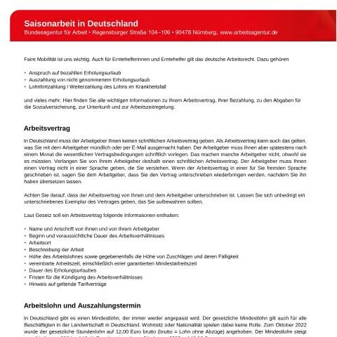 Dokumentvorschau: Wichtige Informationen zur Saisonarbeit in Deutschland — Arbeit & Beschäftigung (CERFA n°saisonarbeit-in-deutschland_ba036525)