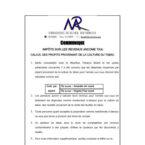 Document preview: Official Guidance on Tobacco Cultivation Profit Calculation in — Taxes (CERFA n°CommuniqueTabac_180908)