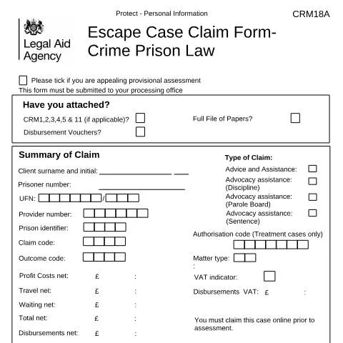 Document preview: Understanding the CRM18A Escape Fee Case Claim Form — Legal & justice