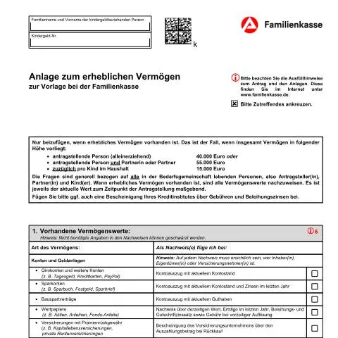 Dokumentvorschau: Anlage zum erheblichen Vermögen (KiZ 6) für Familien in Deutschland — Familie (CERFA n°erklaerung-kiz6_ba034560)