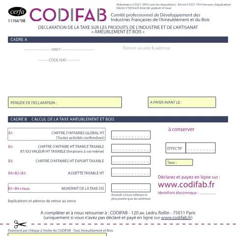 Aperçu du document Taxe ameublement et bois CODIFAB : procédure de déclaration — Impôts & fiscalité (CERFA n°11766*08)