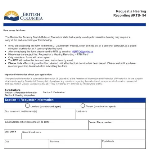 Document preview: How to Request a Hearing Recording in BC — Housing (RTB-54)