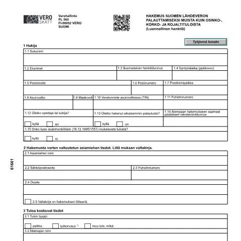 Document preview: Lähdeveron palautushakemus luonnollisille henkilöille — Verot & verotus