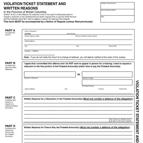 Document preview: Understanding the BC Violation Ticket Statement and Written Reasons (English / French) — Legal & justice (PTR 022)