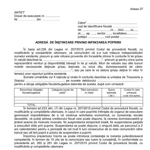 Document preview: Detalii despre adresa de înștiințare a popririi OPANAF 63/2017 — Impozite & fiscalitate (CERFA n°A27_OPANAF_63_2017)