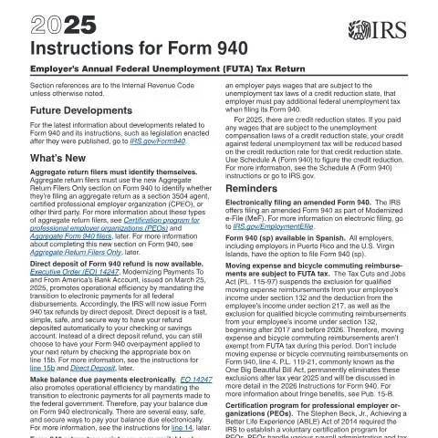 Document preview: Mastering IRS Instructions for Form 940: FUTA Explained — Taxes (CERFA n°INST-940)